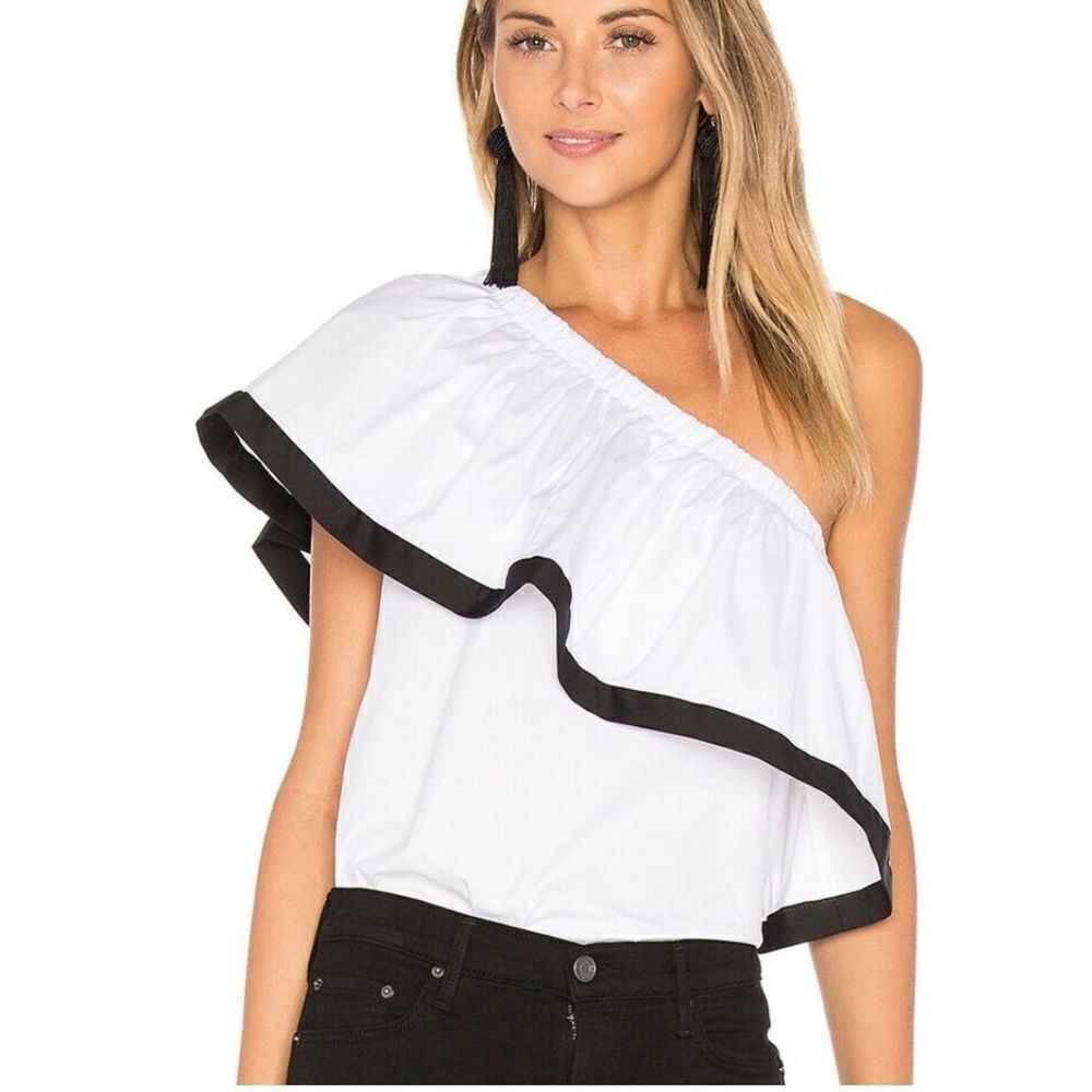 Milly Womens One Shoulder Blouse Top Ruffle Layered Top White Black Size Small